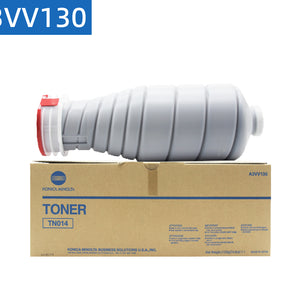 Konica Minolta TN014 original US version toner cartridges (A3VV130) placed on top of the product box, compatible with bizhub PRESS 1052/1250/1250P
