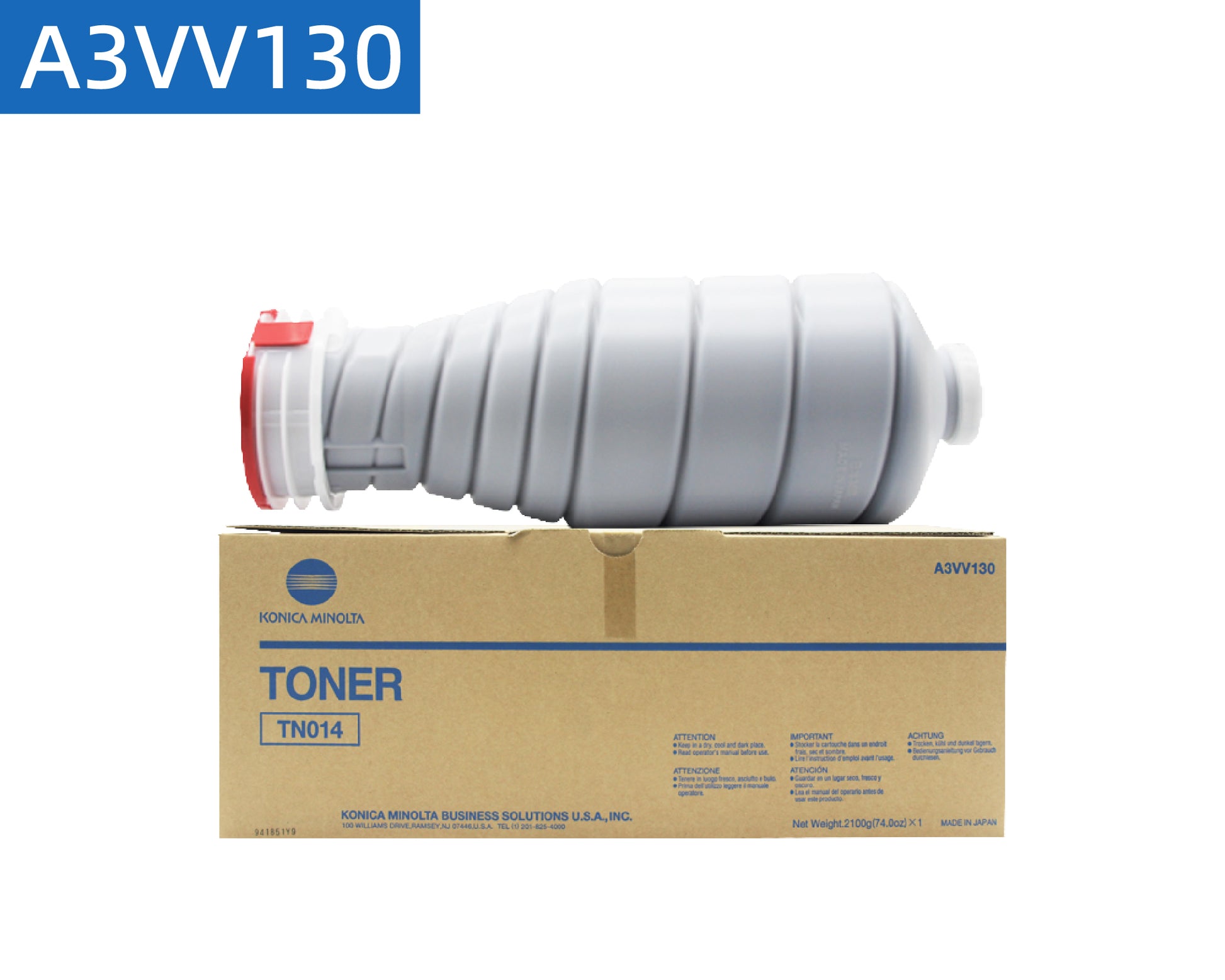 Konica Minolta TN014 original US version toner cartridges (A3VV130) placed on top of the product box, compatible with bizhub PRESS 1052/1250/1250P