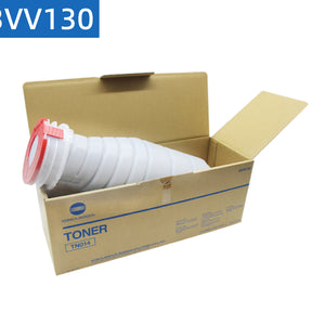  Konica Minolta TN014 original US version toner (A3VV130) placed inside the product box, showing factory packaging for bizhub PRESS 1052/1250/1250P