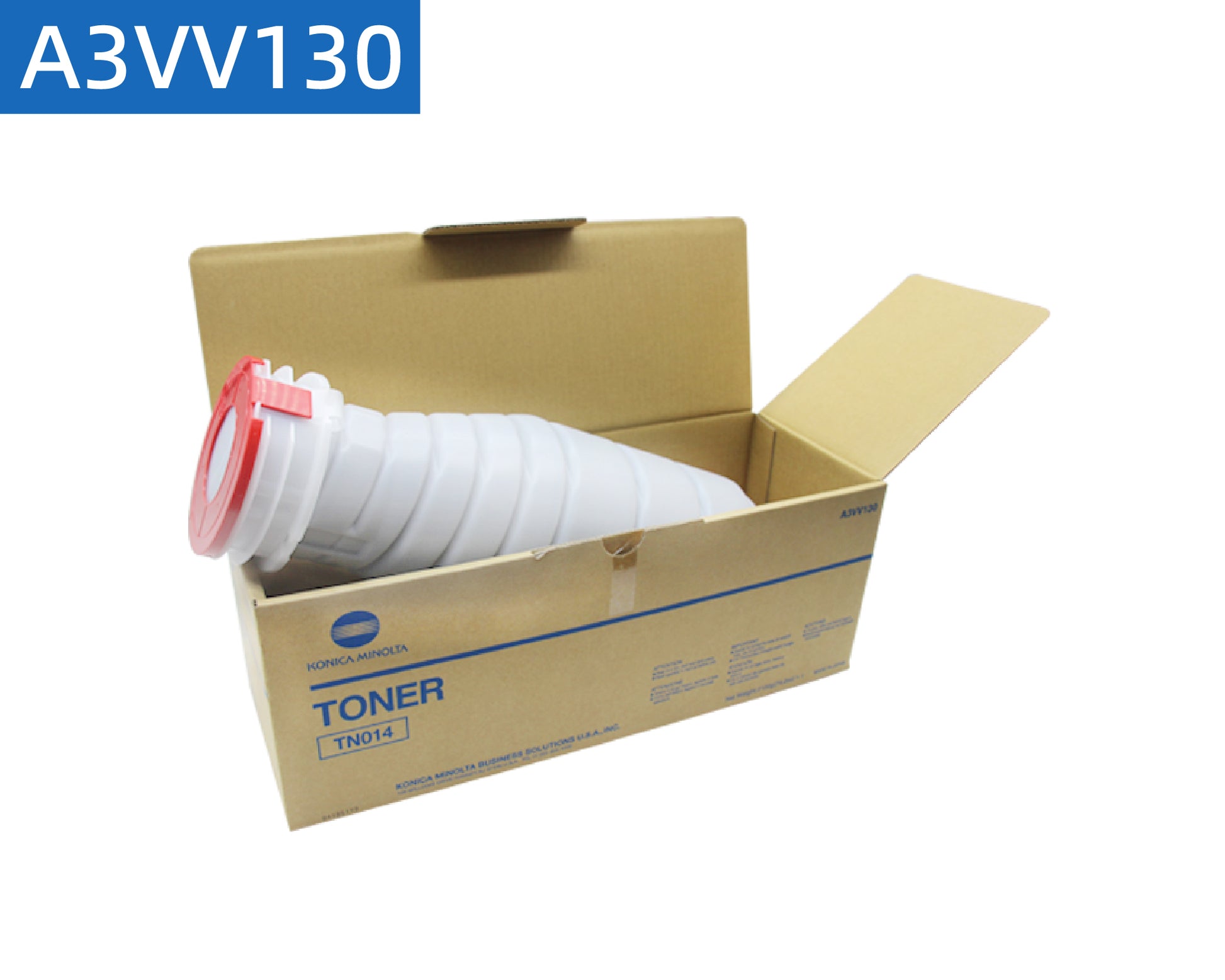  Konica Minolta TN014 original US version toner (A3VV130) placed inside the product box, showing factory packaging for bizhub PRESS 1052/1250/1250P