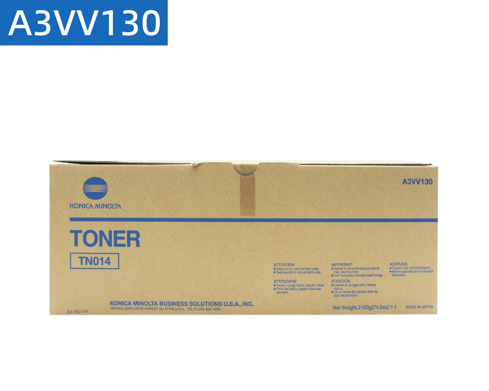 Packaging box of Konica Minolta TN014 toner (A3VV130), original US version black toner for bizhub PRESS 1052/1250/1250P