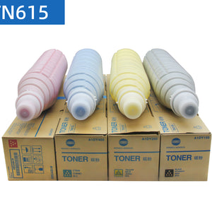 Konica Minolta TN615 original Asia version four color toner cartridges placed on top of the packaging box.