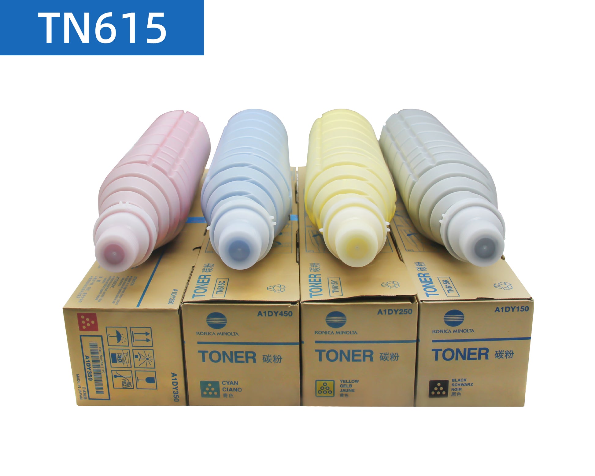 Konica Minolta TN615 original Asia version four color toner cartridges placed on top of the packaging box.