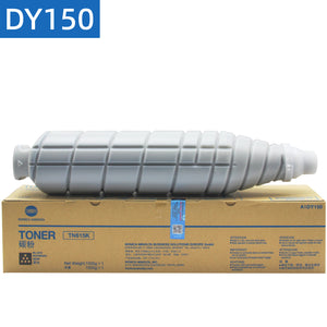 Konica Minolta TN615 original Asia version black toner cartridge placed on top of the packaging box.