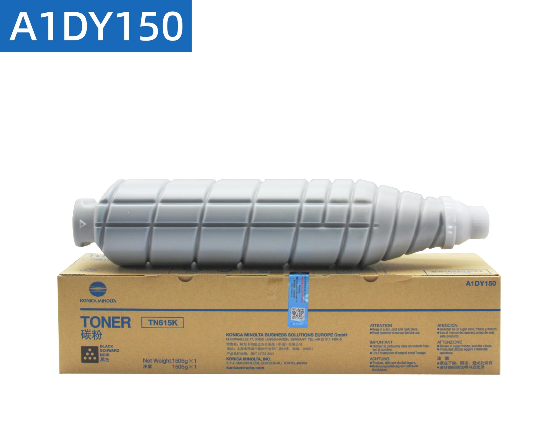Konica Minolta TN615 original Asia version black toner cartridge placed on top of the packaging box.
