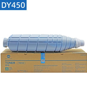 Konica Minolta TN615 original Asia version cyan toner cartridge placed on top of the packaging box.