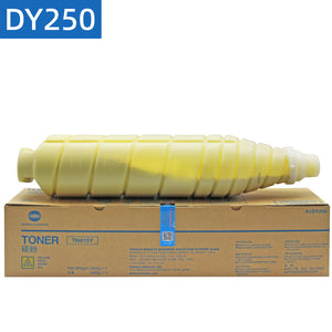 Konica Minolta TN615 original Asia version yellow toner cartridge placed on top of the packaging box.