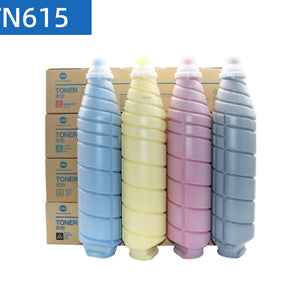 Konica Minolta TN615 original Asia version four color toner cartridges placed in front of the packaging box.